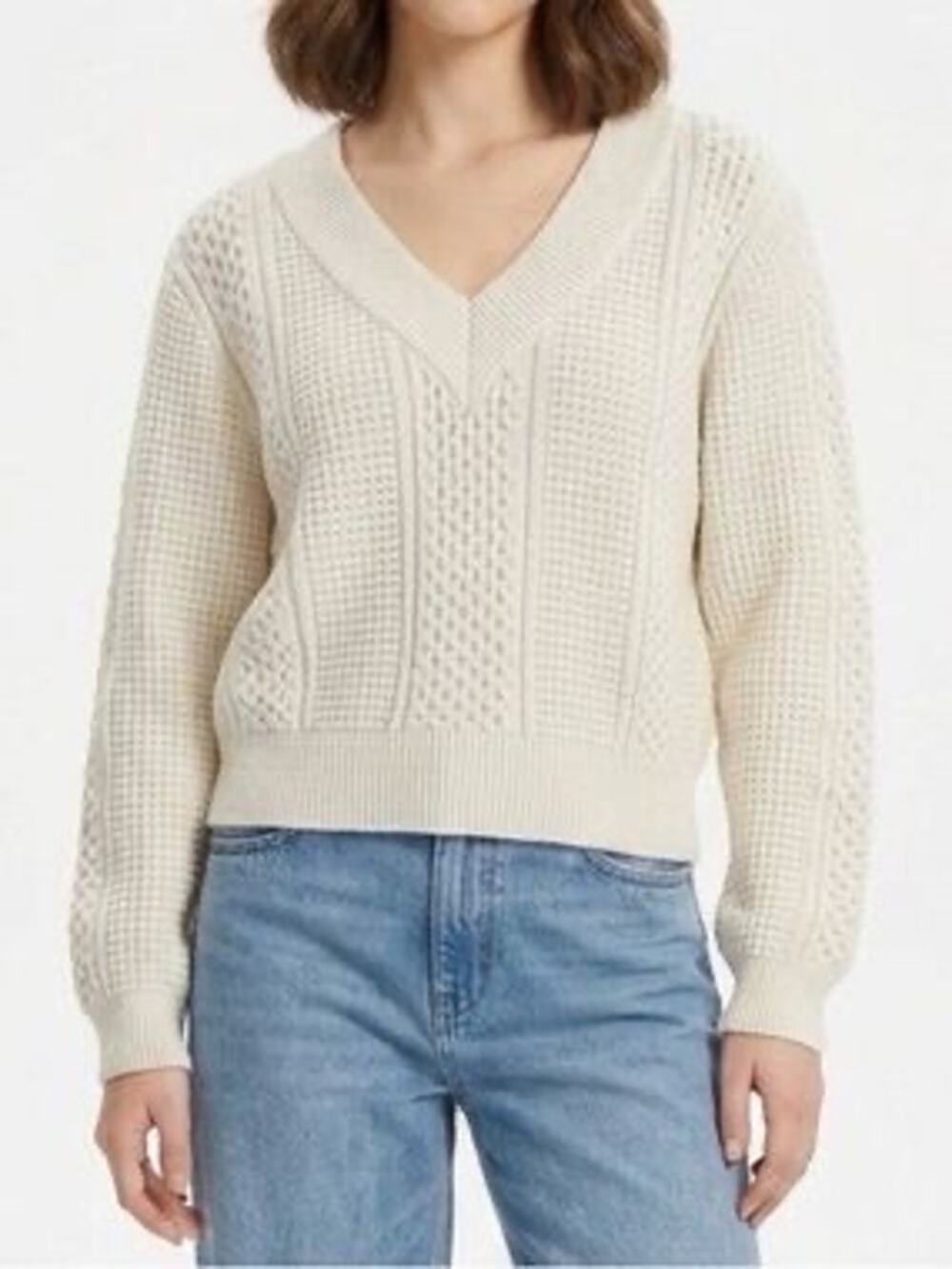H&M Ivory Cable Stitch Knit V Neck Sweater XL Cottagecore Fall Winter Cozy